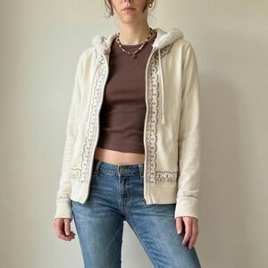 Vintage Y2K Lucky Brand Embroidered Hoodie‎ Womens Large Cream Faux Fur Hood Vtg